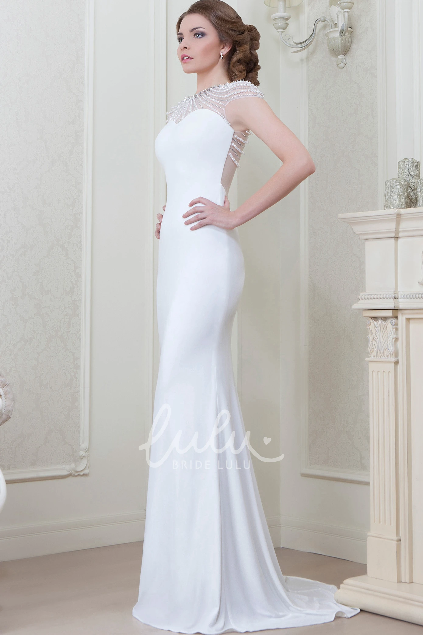 Beaded Jersey Cap-Sleeve Evening Dress with Scoop-Neck in Floor-Length Sheath