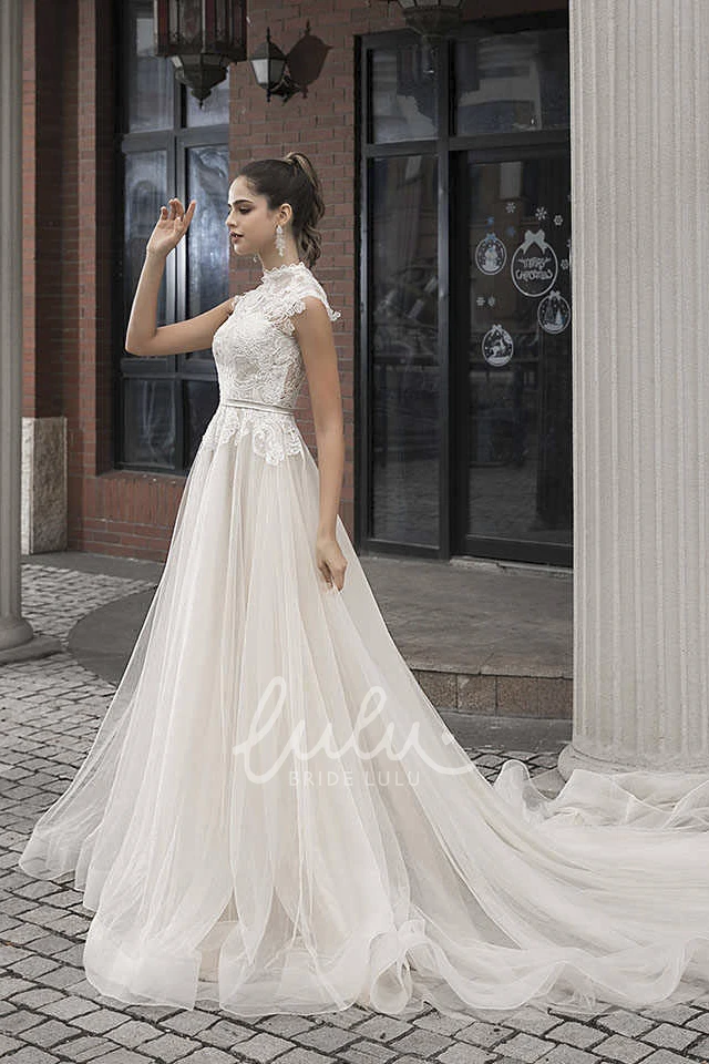 Vintage Lace High Neck Cap Sleeve Wedding Dress with Button Back