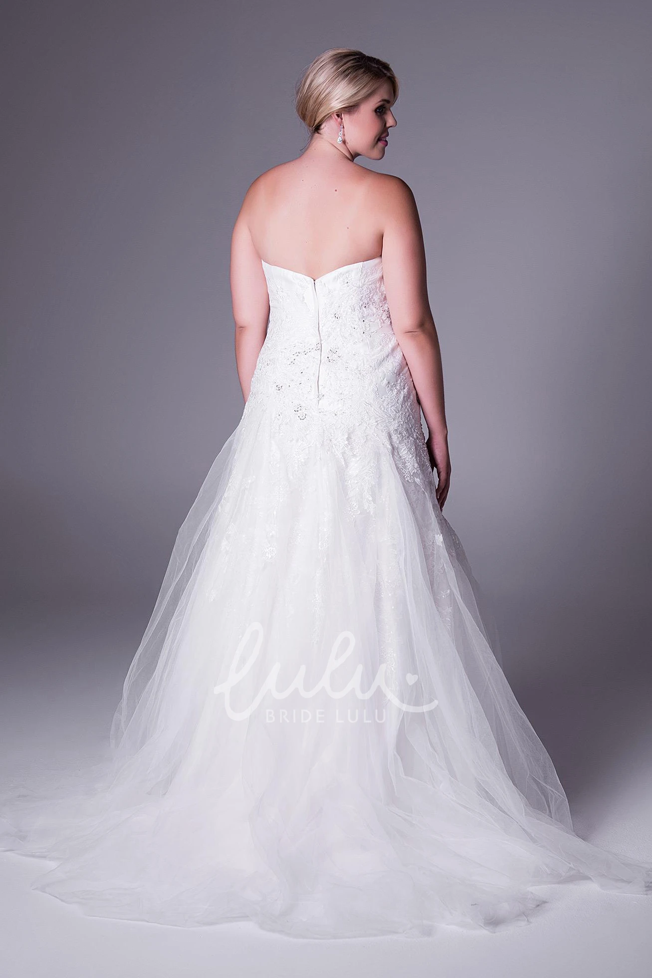 Appliqued Tulle Plus Size Wedding Dress with Pick Up and Corset Back Maxi