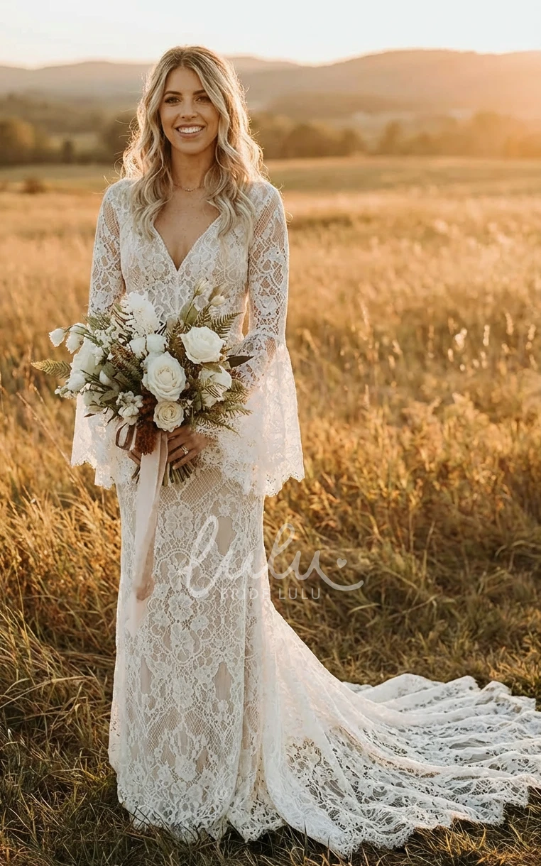 Modest Plus Size V-neck Winter Wedding Dress Open Back with Petal Lace Long Sleeve