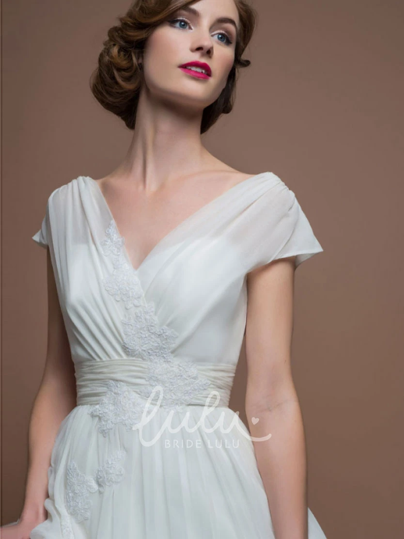 Cap-Sleeve Tea-Length A-Line Tulle Wedding Dress With Appliques Unique Bridal Gown