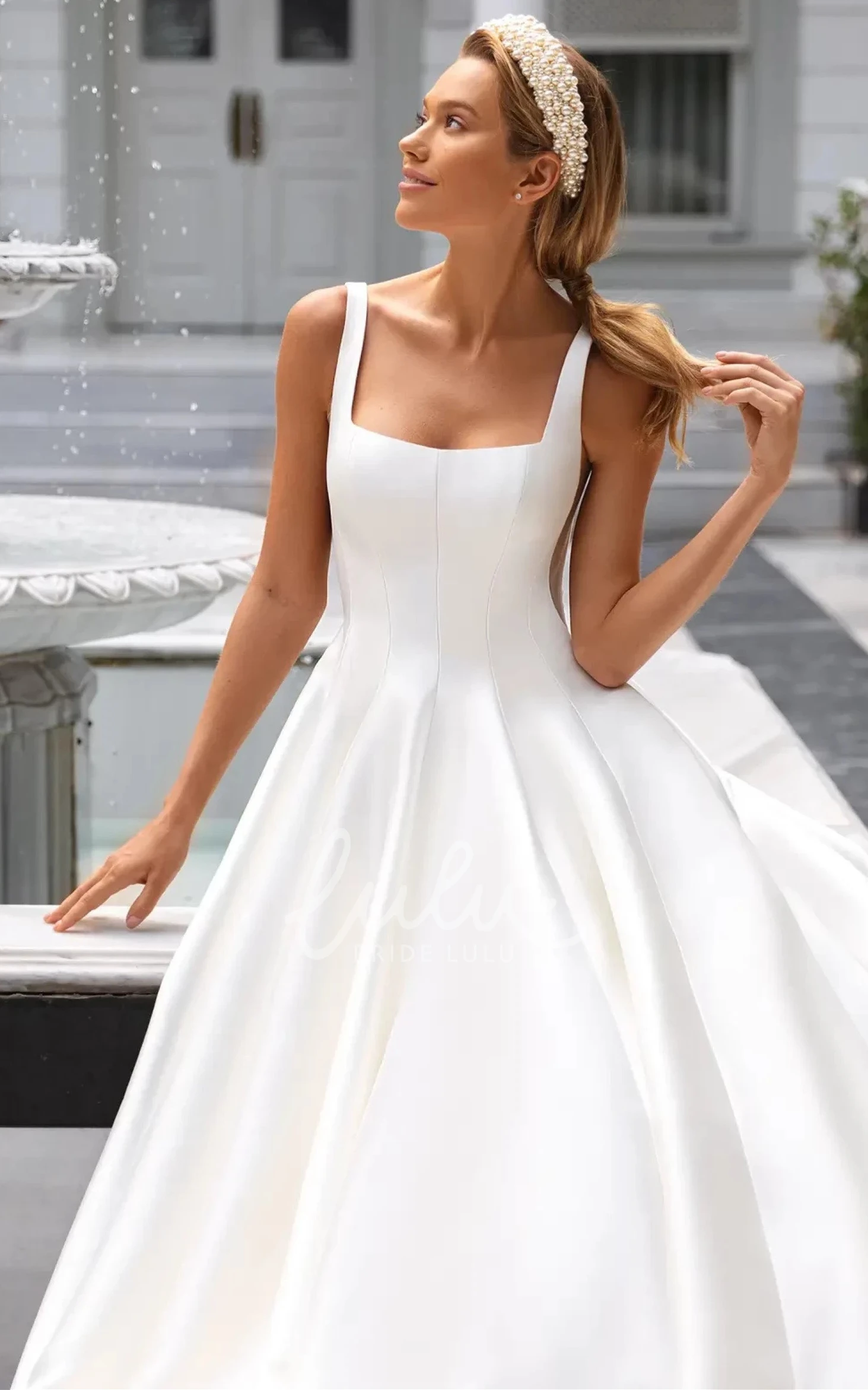 Square Neck Satin A Line Wedding Dress with Court Train Modern & Sophisticated