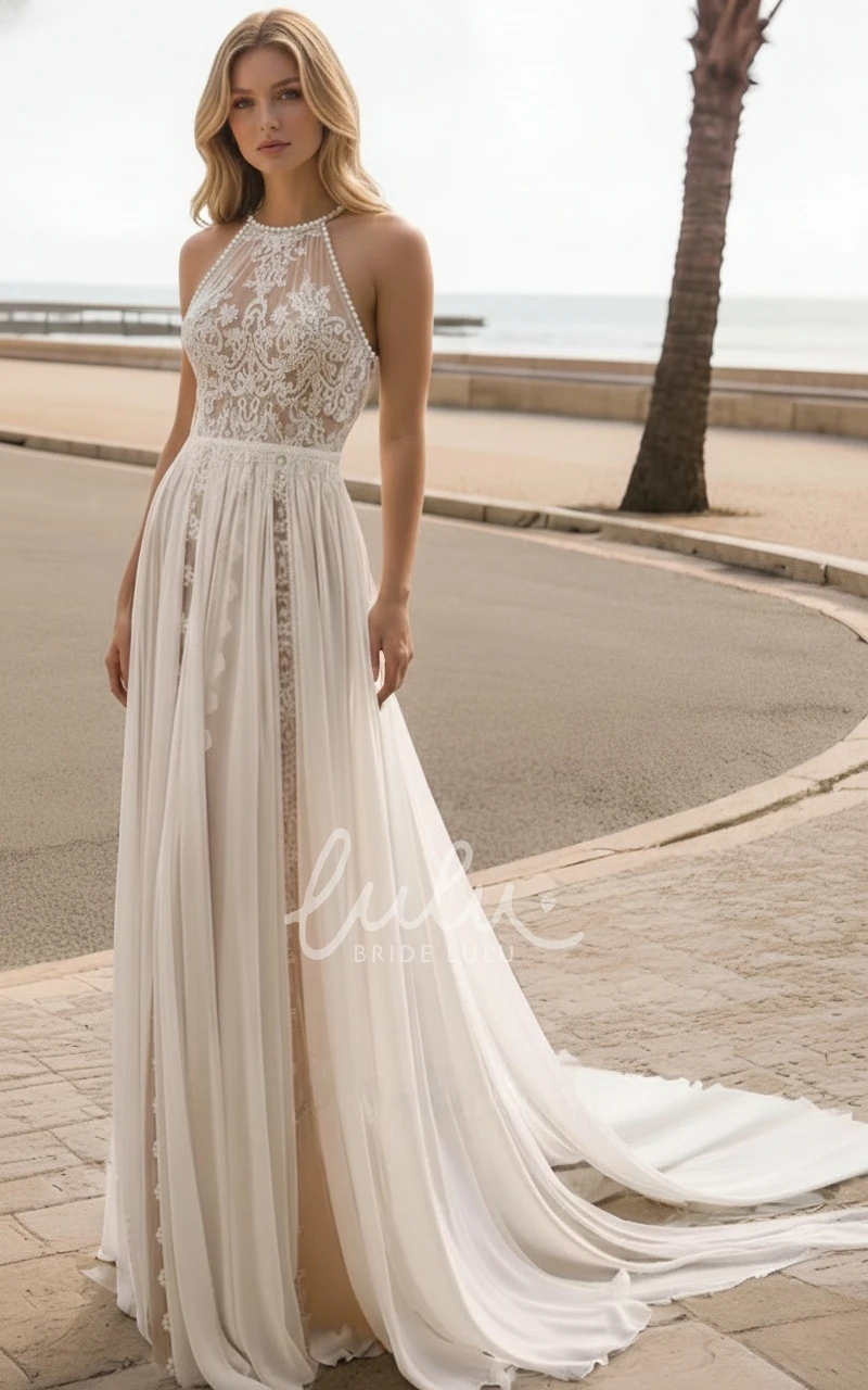 Beach Vintage Jewel Neck Bohemian Lace Sleeveless A-Line Ethereal Winter Wedding Dress