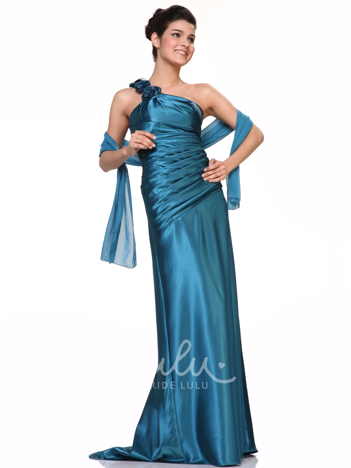 Satin One-Shoulder Prom Dress with Flower and Ruching