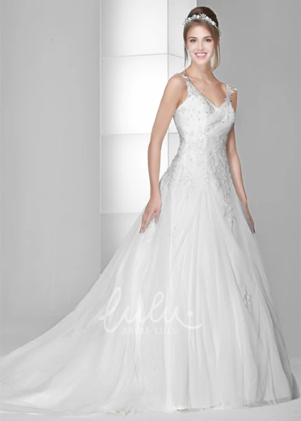 Ball Gown Floor-Length V-Neck Sleeveless Beaded Tulle&Satin Wedding Dress Beaded Tulle&Satin Wedding Dress with V-Neck and Floor-Length Ball Gown