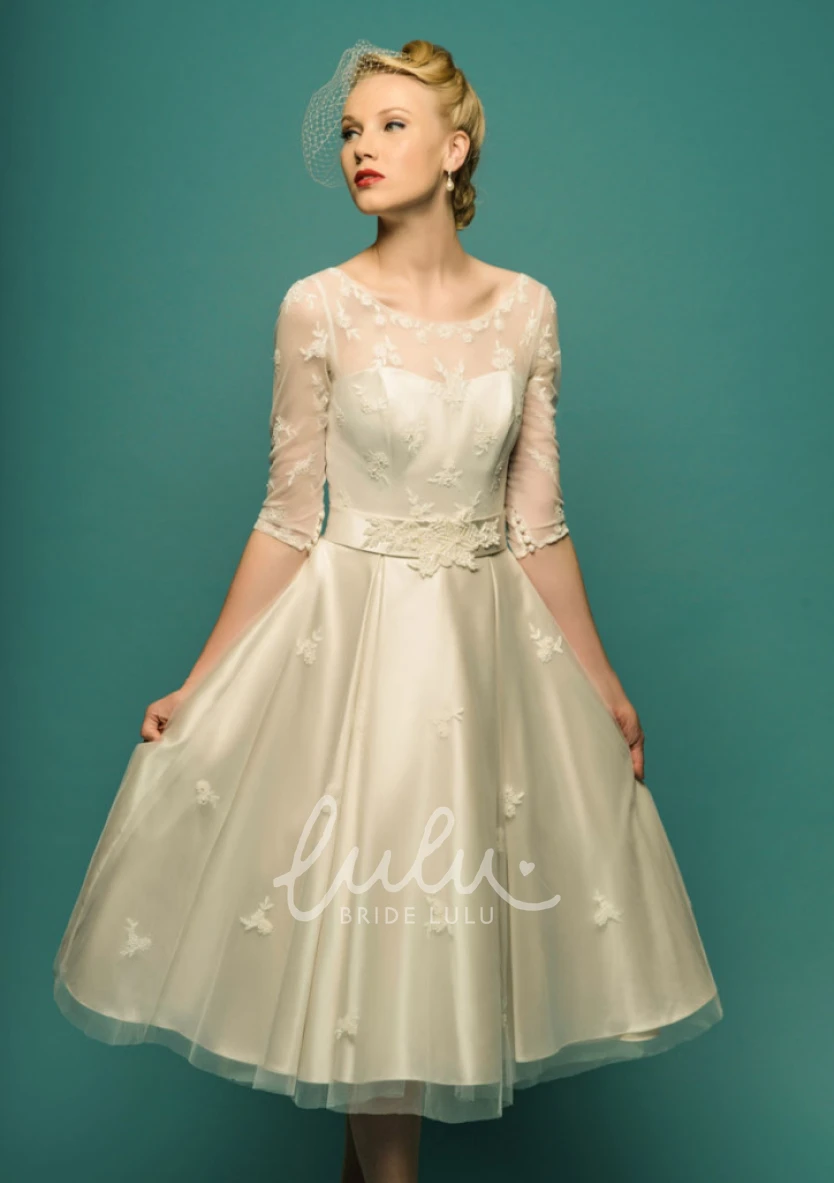 Illusion Sleeve Tea-Length A-Line Tulle Wedding Dress with Appliques