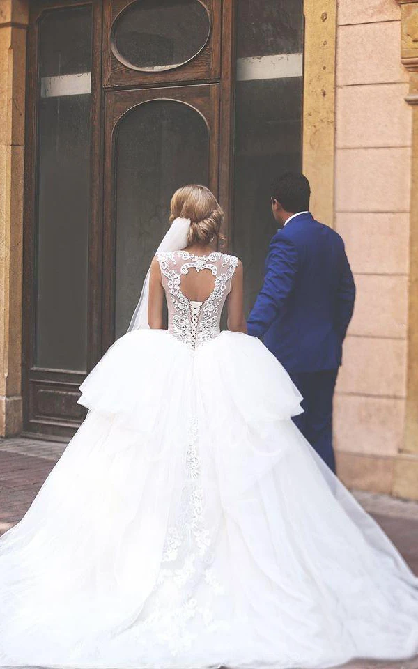 Empire A-Line Mini Jewel Bridesmaid Dress with Cathedral Train and Appliques