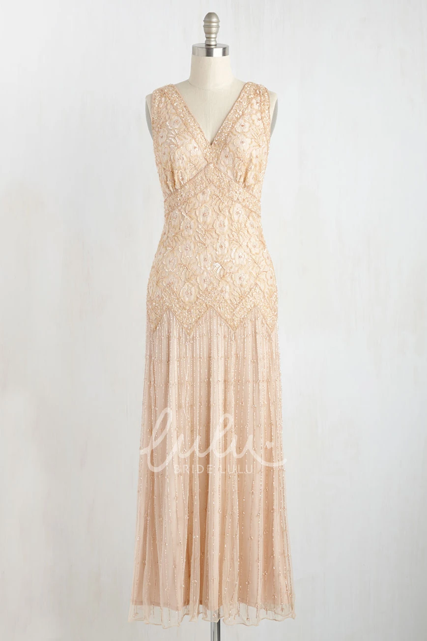 Beaded Tulle Wedding Dress with Low-V Back Sleeveless Sheath Bridal Gown