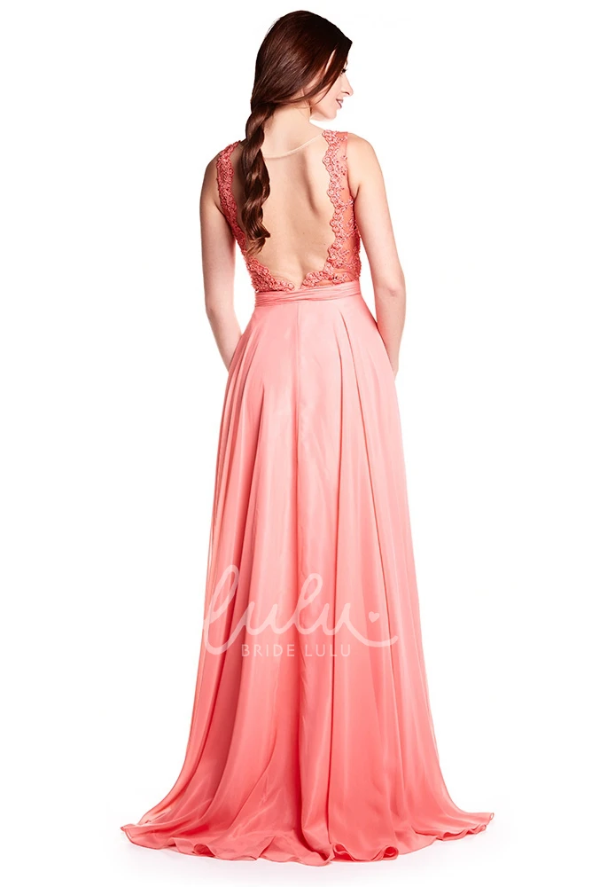 A-Line Sleeveless Appliqued Prom Dress with Brush Train and Illusion Back Elegant Prom Dress