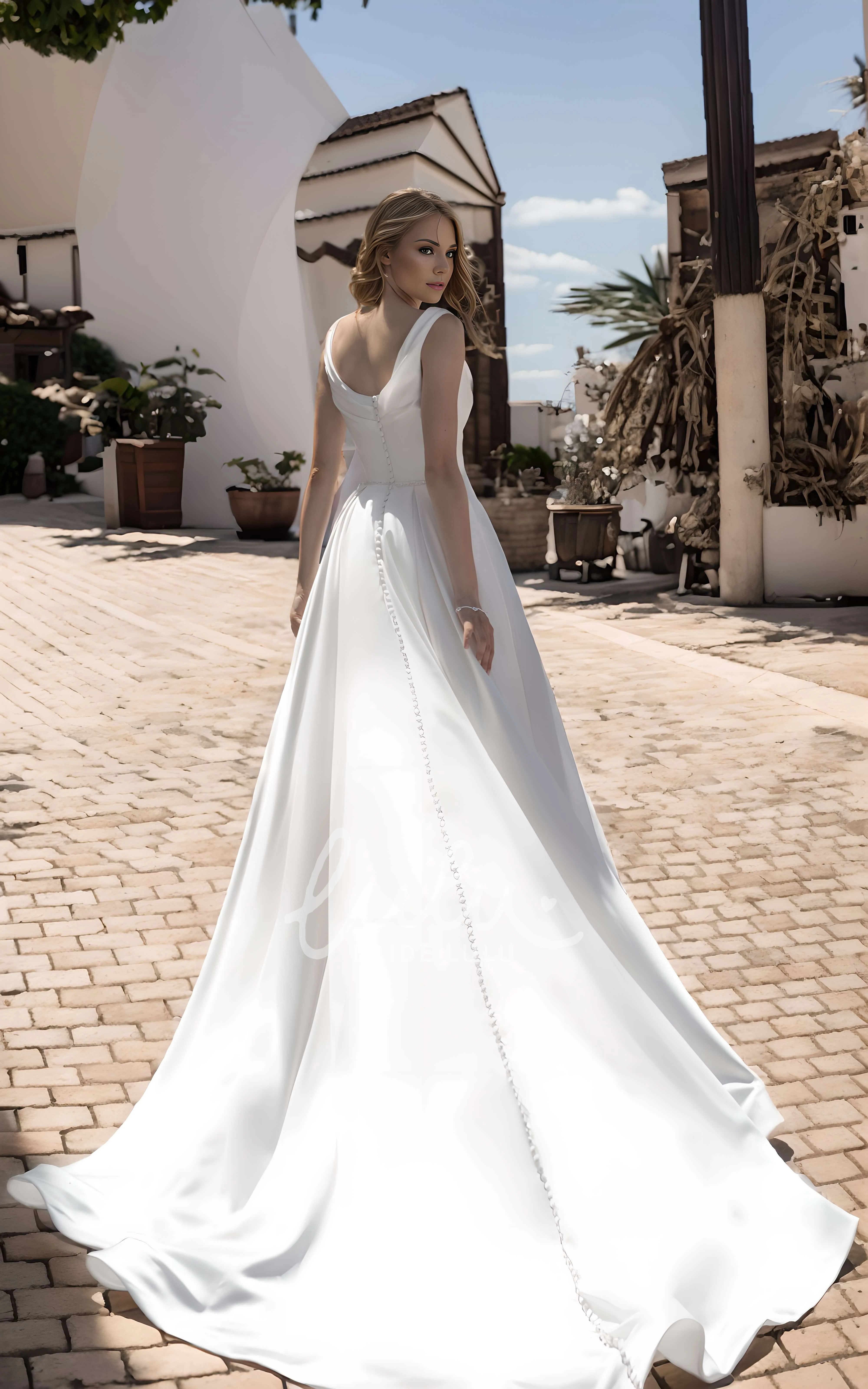 Simple Satin Modern A-Line Wedding Dress Sleeveless Scoop Solid Train Gown