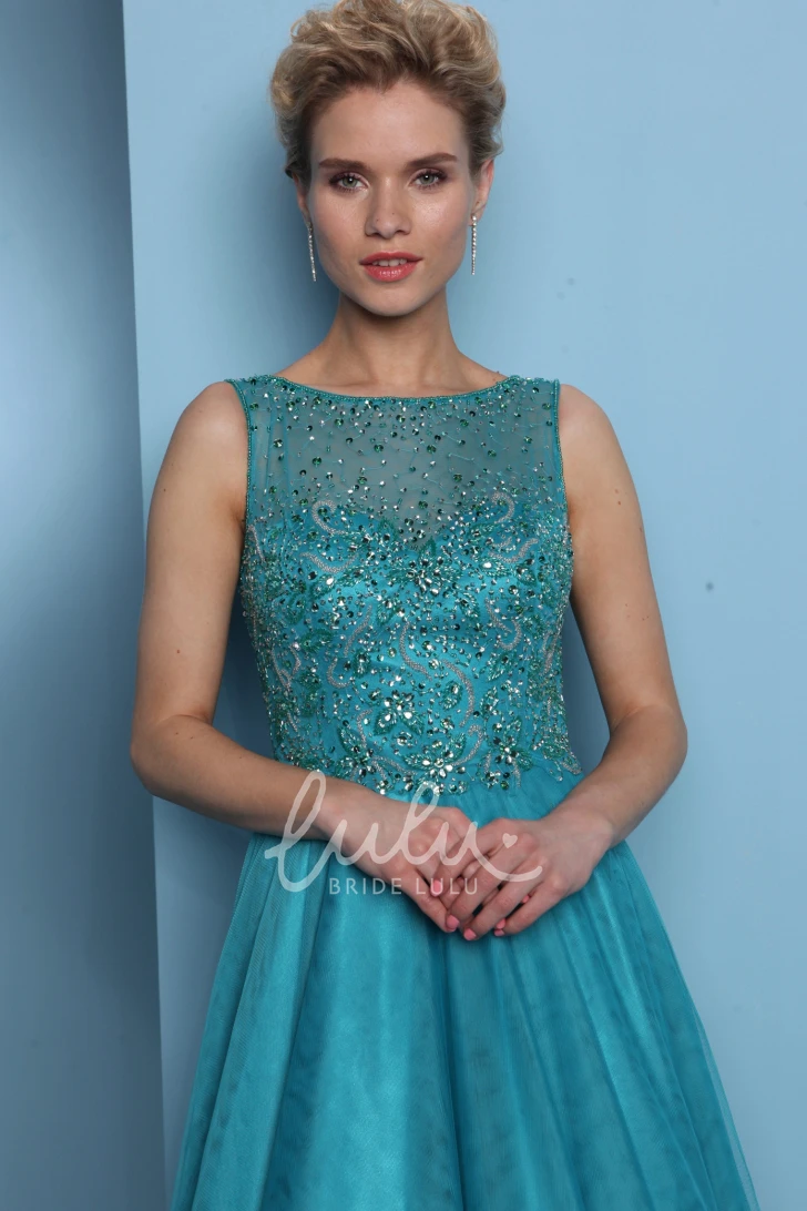 Beaded A-Line Prom Dress with Jewel-Neck and Pleats