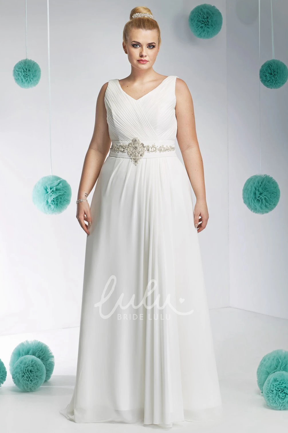 Plus Size Chiffon V-Neck Wedding Dress with Ruching and Waist Jewelry