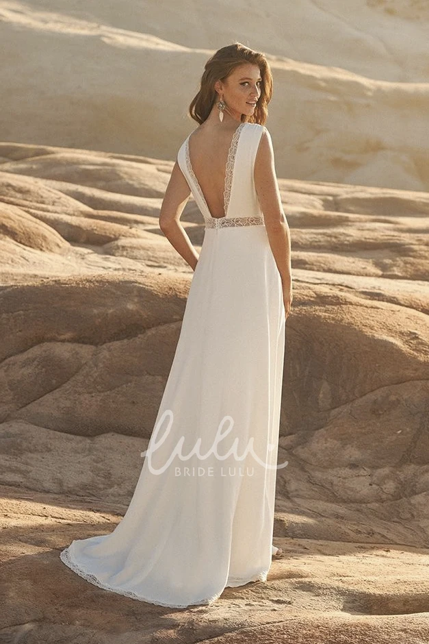 Sleeveless Lace Details Plunging Chiffon Wedding Dress