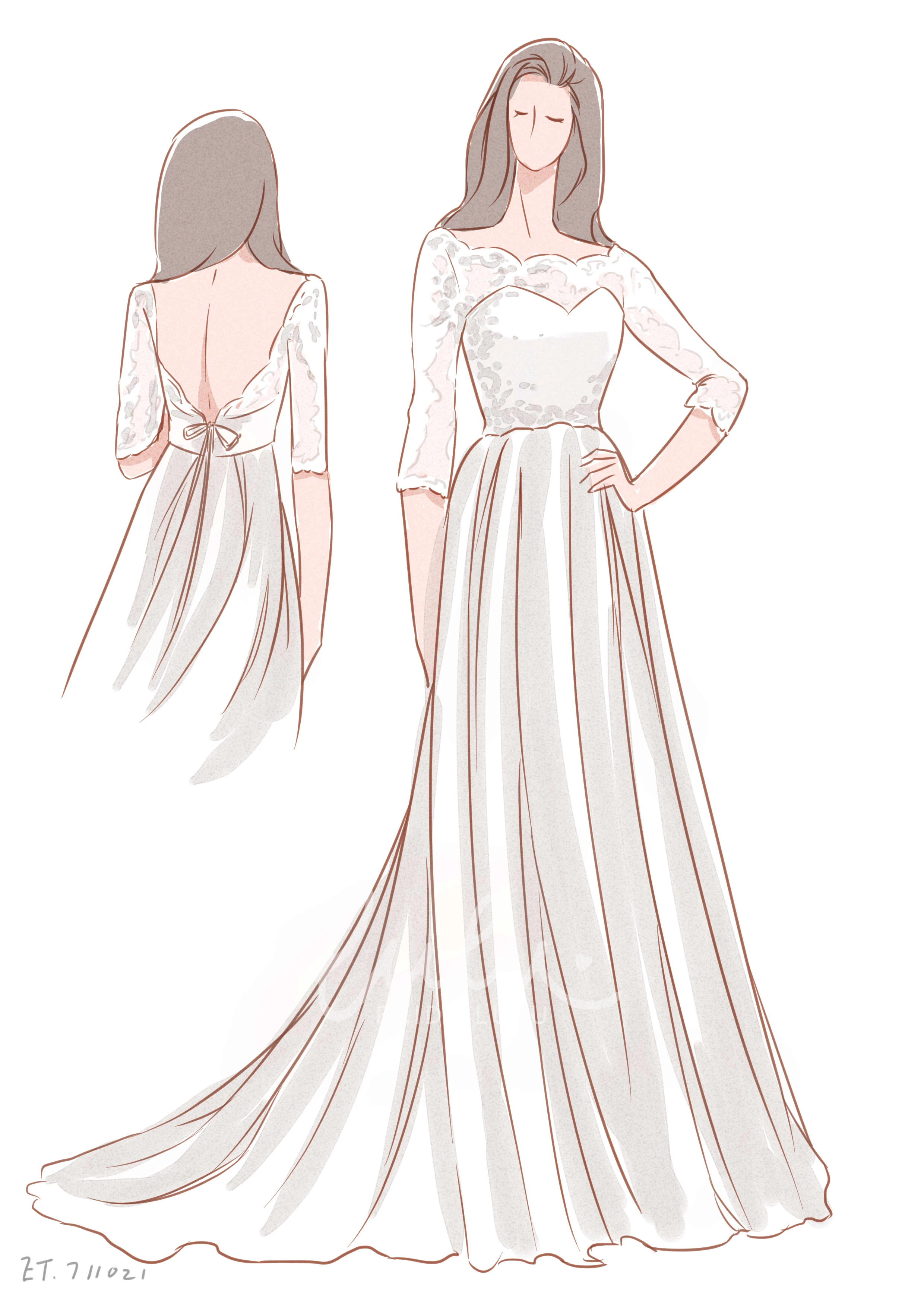 Romantic Lace Bodice Chiffon Dress with 3/4 Sleeves for Weddings