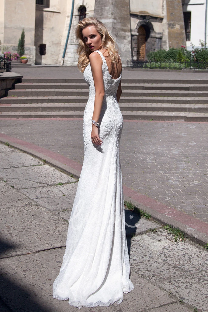Lace Sheath Wedding Dress with Low-V Back and Pleats Sleeveless