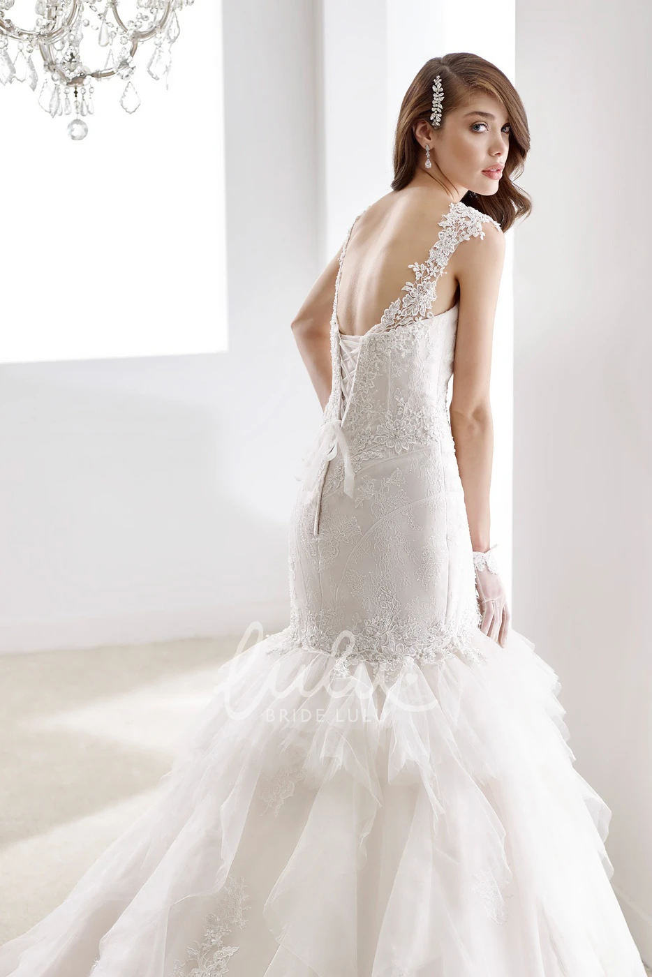 Sheath Wedding Dress with Cap Sleeves and Tier Ruching Train Sweetheart Style