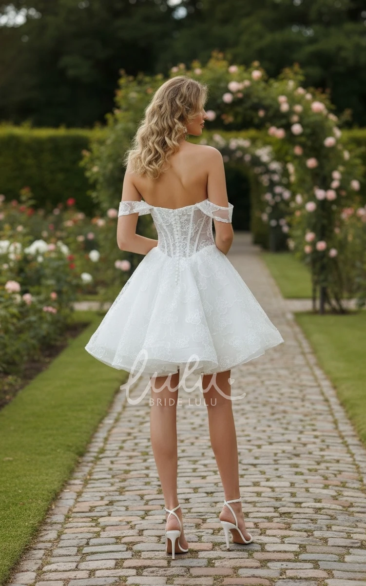 Adorable Short Mini A-Line Floral Lace Wedding Dress Romantic Off-the-Shoulder Puffy Beach Bridal Gown