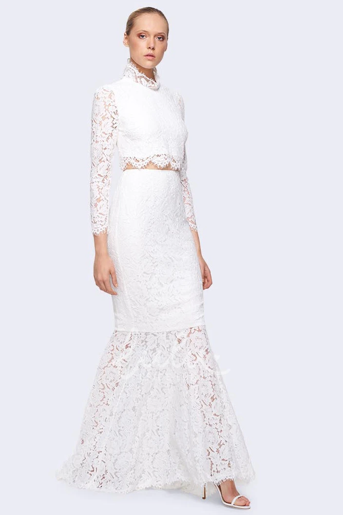 High Neck Sheath Lace Wedding Dress with Long Sleeves in Ankle-Length