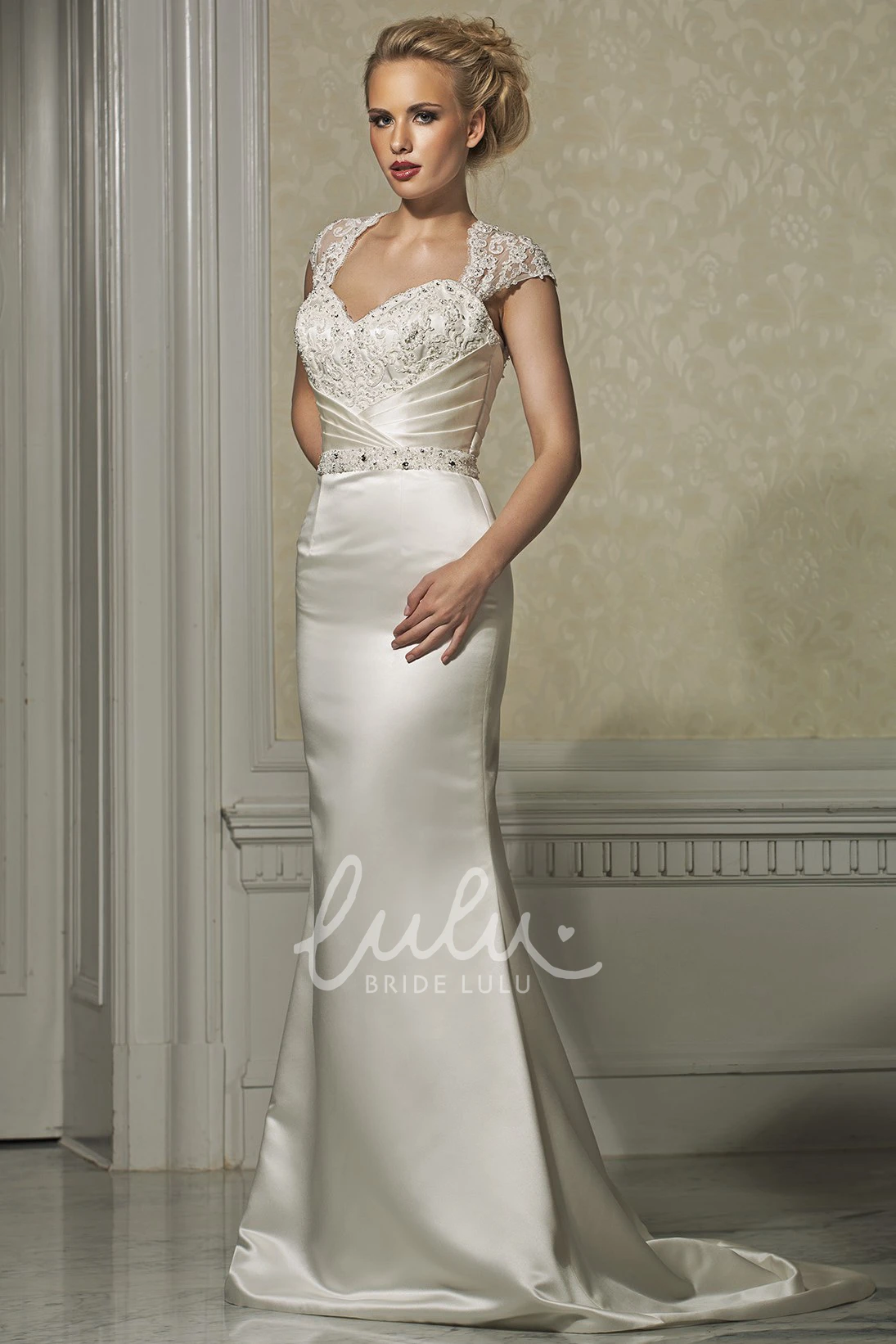 Satin Sheath Wedding Dress with Lace and Jeweled Cap Sleeves Classy Bridal Gown