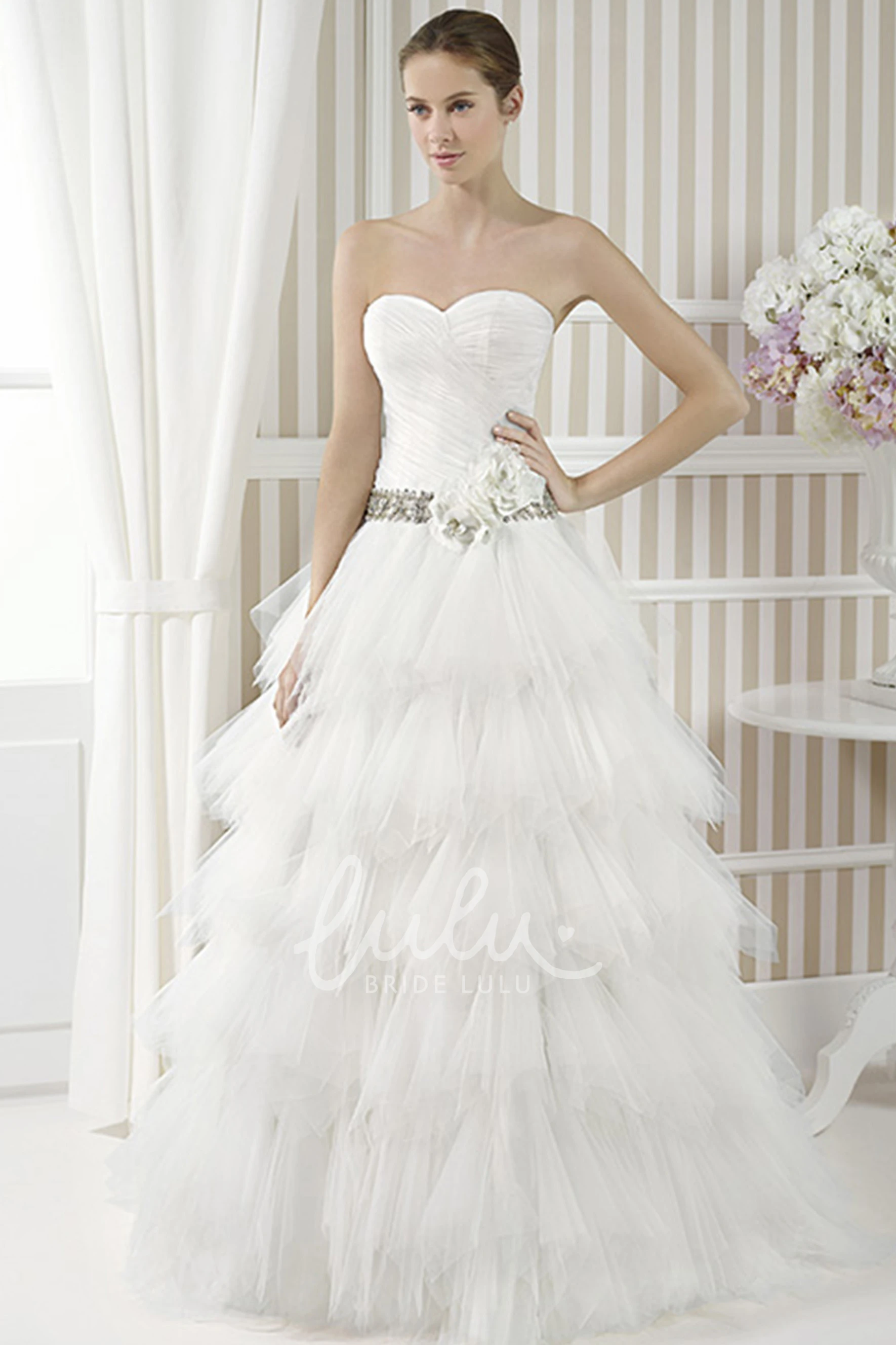 Tiered Tulle Wedding Dress with Flower and Criss Cross A-Line Sweetheart