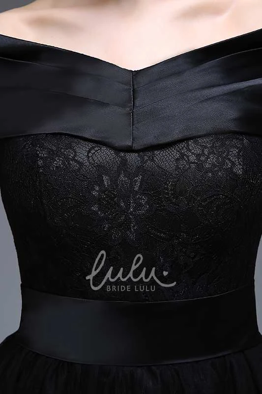 Knee-Length Tulle A-Line Dress with V-Neck and Off-the-Shoulder Sleeves