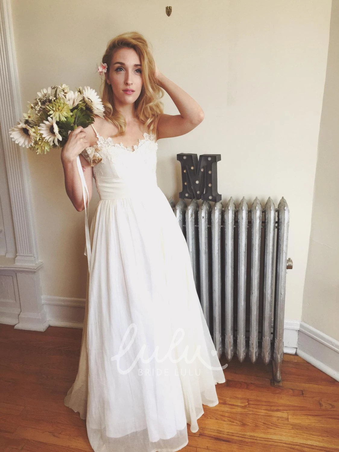 Boho Spaghetti Strap A-Line Chiffon Wedding Dress with Backless Design