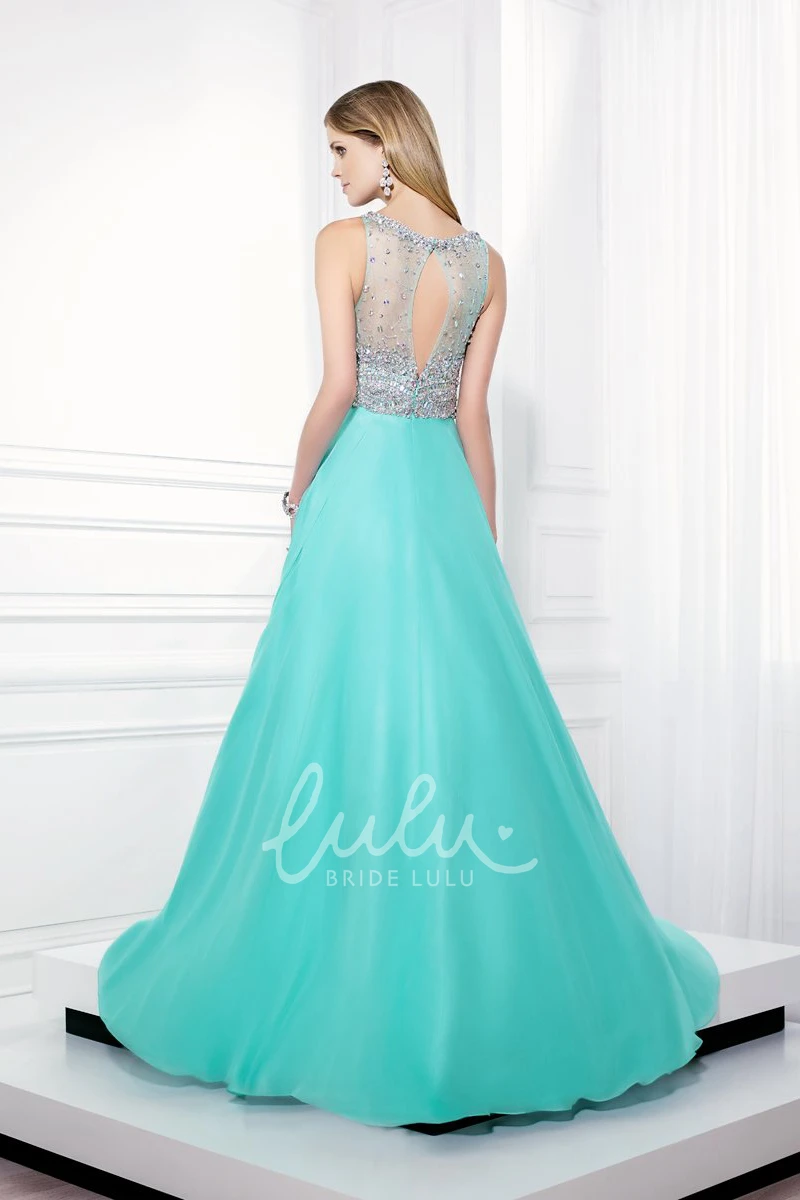 Jewel Neck Chiffon A-Line Prom Dress Sleeveless Illusion Back