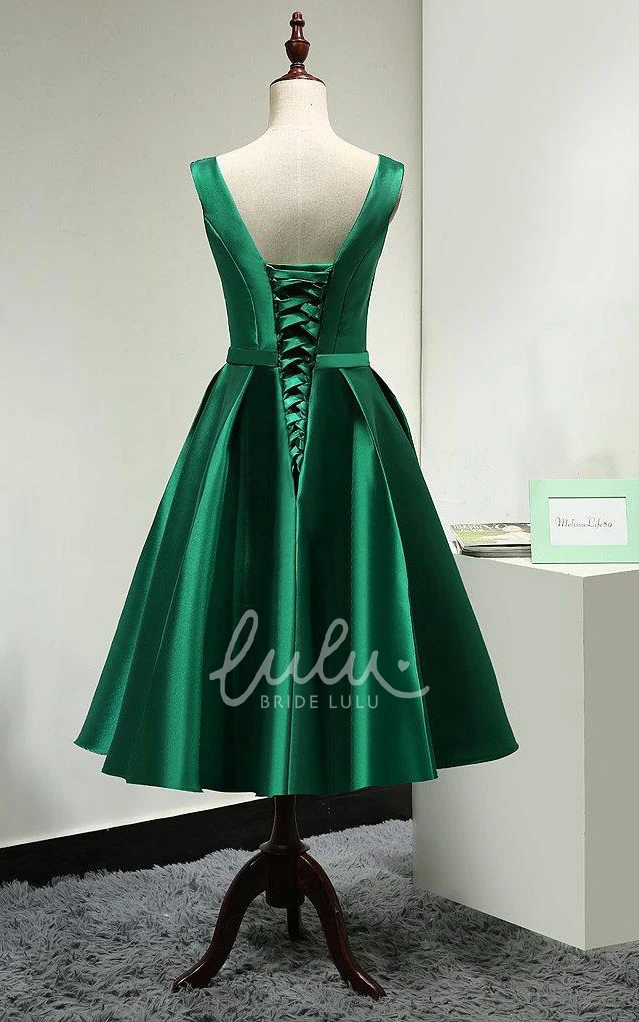 Satin V Neck A-line Tea Length Dress Lace Up Bow Formal Dress
