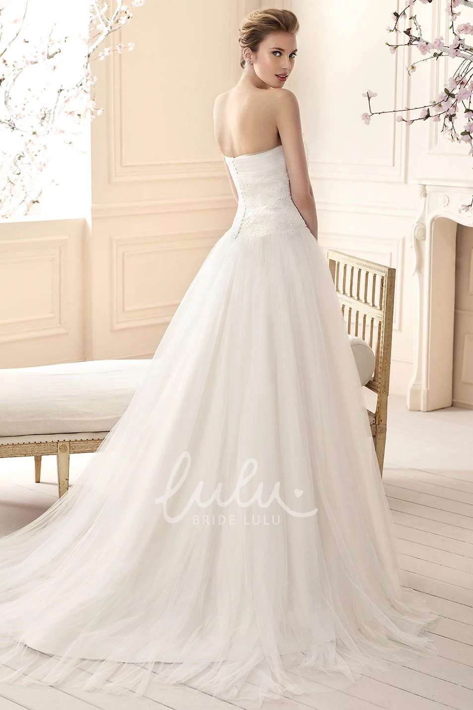 Strapless Tulle A-Line Wedding Dress With Appliques and Pleats