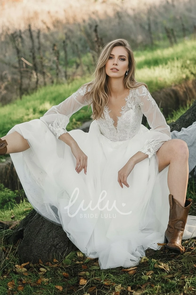 Flowers Lace Bohemian Ethereal A-Line Plunging Neckline Tulle Spring Wedding Dress Romantic Garden Long Sleeve Floor-length Bridal Gown with Button V Back