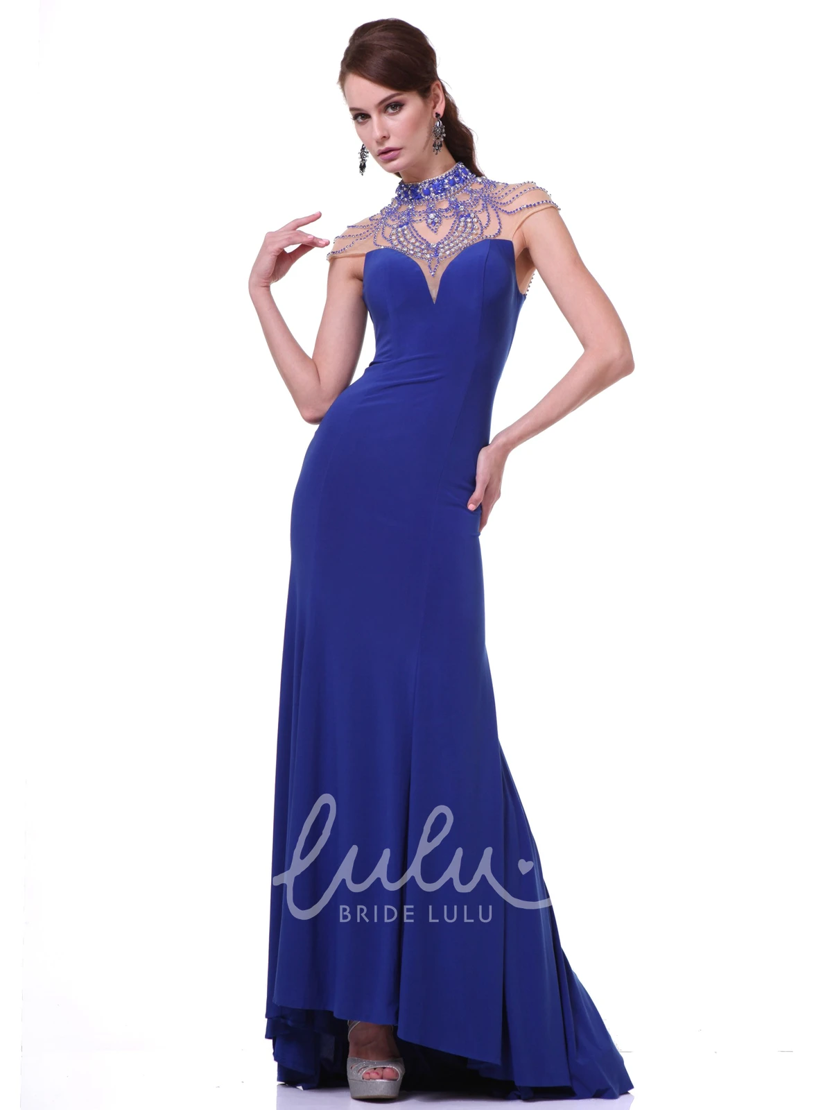 High Neck Cap-Sleeve Jersey Formal Dress With Crystal Detailing Sheath