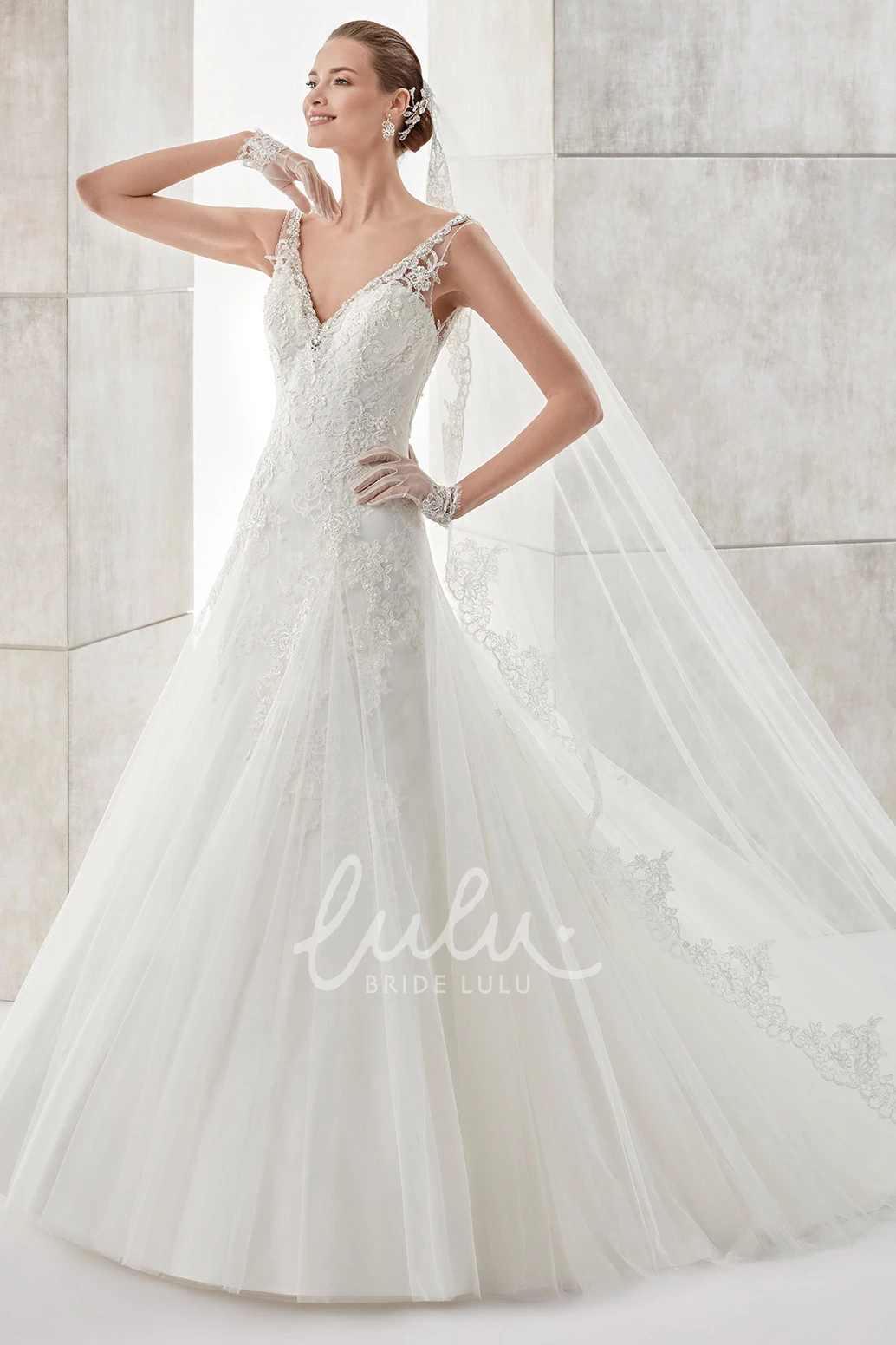 Illusive Lace V-neck A-line Wedding Dress with Low-V Back