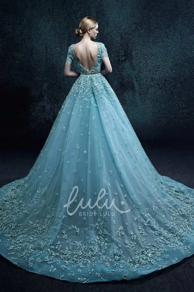 Pleated Organza A-line Dress with Flowers Short Sleeve