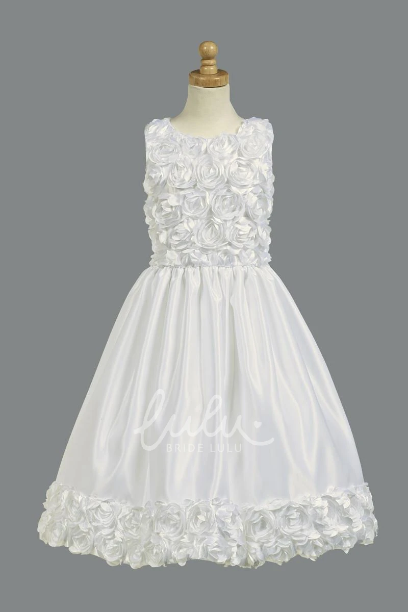 Tiered Satin Tea-Length Flower Girl Dress with Floral Embroidery