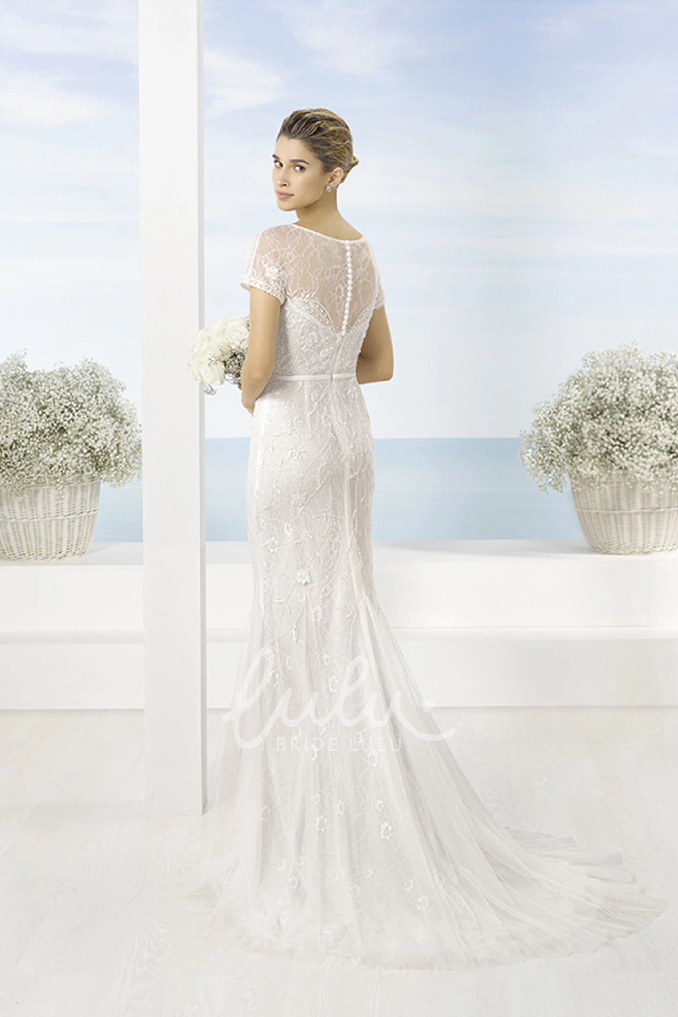 Scoop Neckline Lace Tulle Wedding Dress with Short Sleeves Classy Wedding Dress