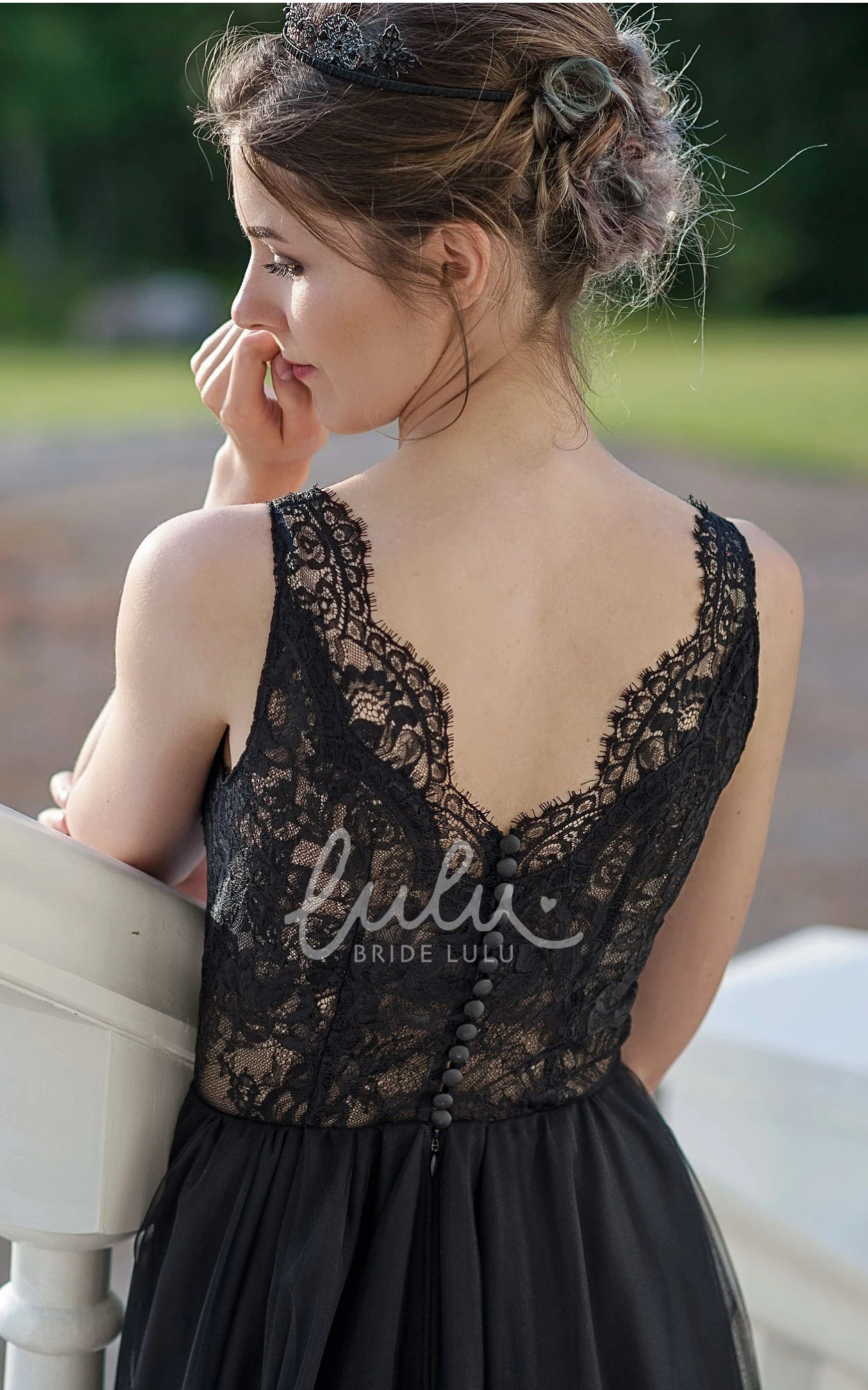 A-Line Sleeveless Floor-length Straps Lace Ruffles Sash Black Wedding Dress