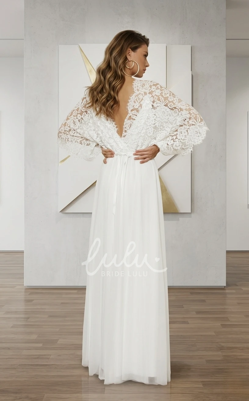 V-neck Boho Lace Sheath Ethereal Bat Sleeve Floor-length Bride Summer Wedding Dress Destination