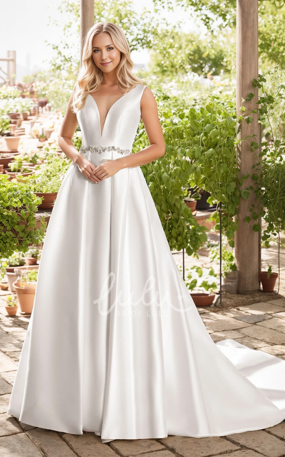 Modern Sexy A-Line V-Neck Sleeveless Beach Garden Wedding Dress Romantic Elegant Deep-V Back Beading Waist Sash Pleated Bridal Gown