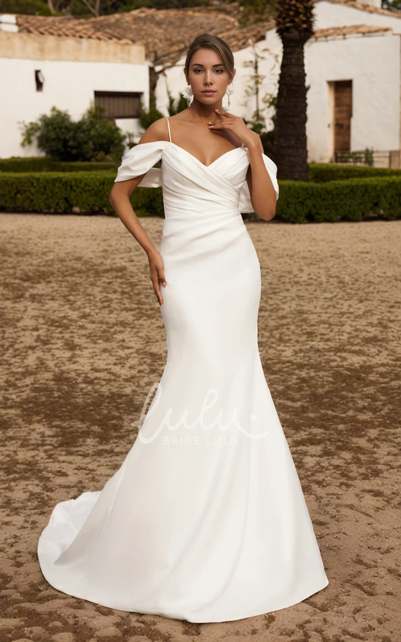 Elegant Mermaid Off-the-shoulder V-neck Satin Wedding Dress Solid Sleeveless Backless Bridal Gown with Train