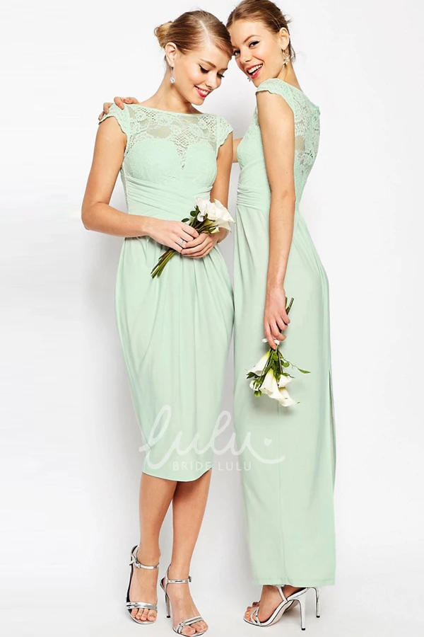 Lace Sheath Bridesmaid Dress with Cap Sleeves and Ankle-Length