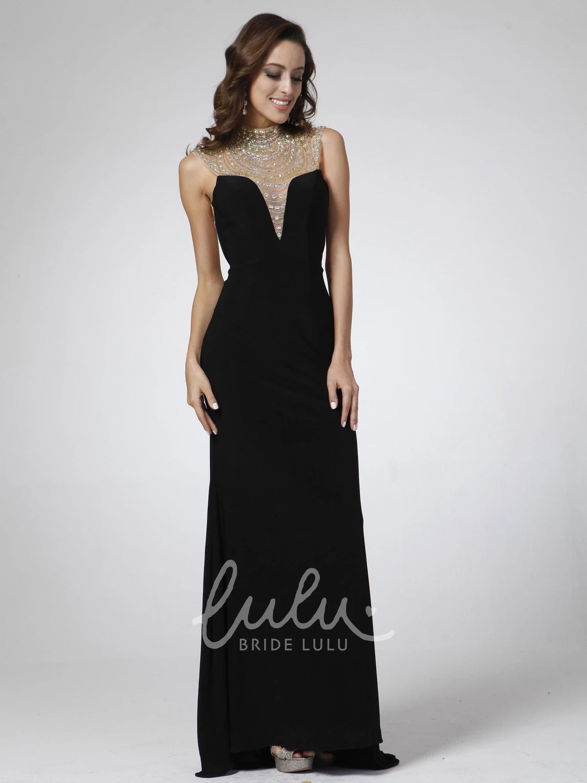 High Neck Backless Beaded Sheath Formal Dress
