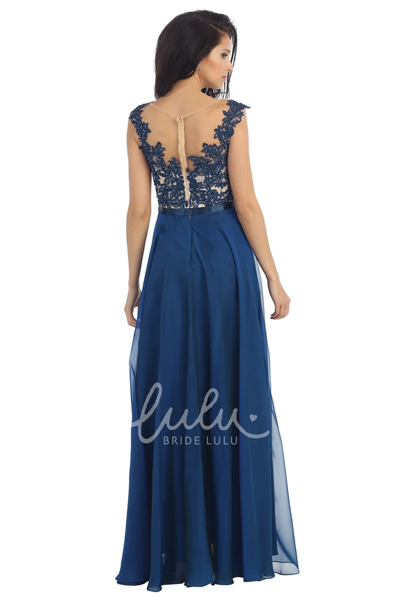 Unique Chiffon Illusion Dress with Appliques and Pleats