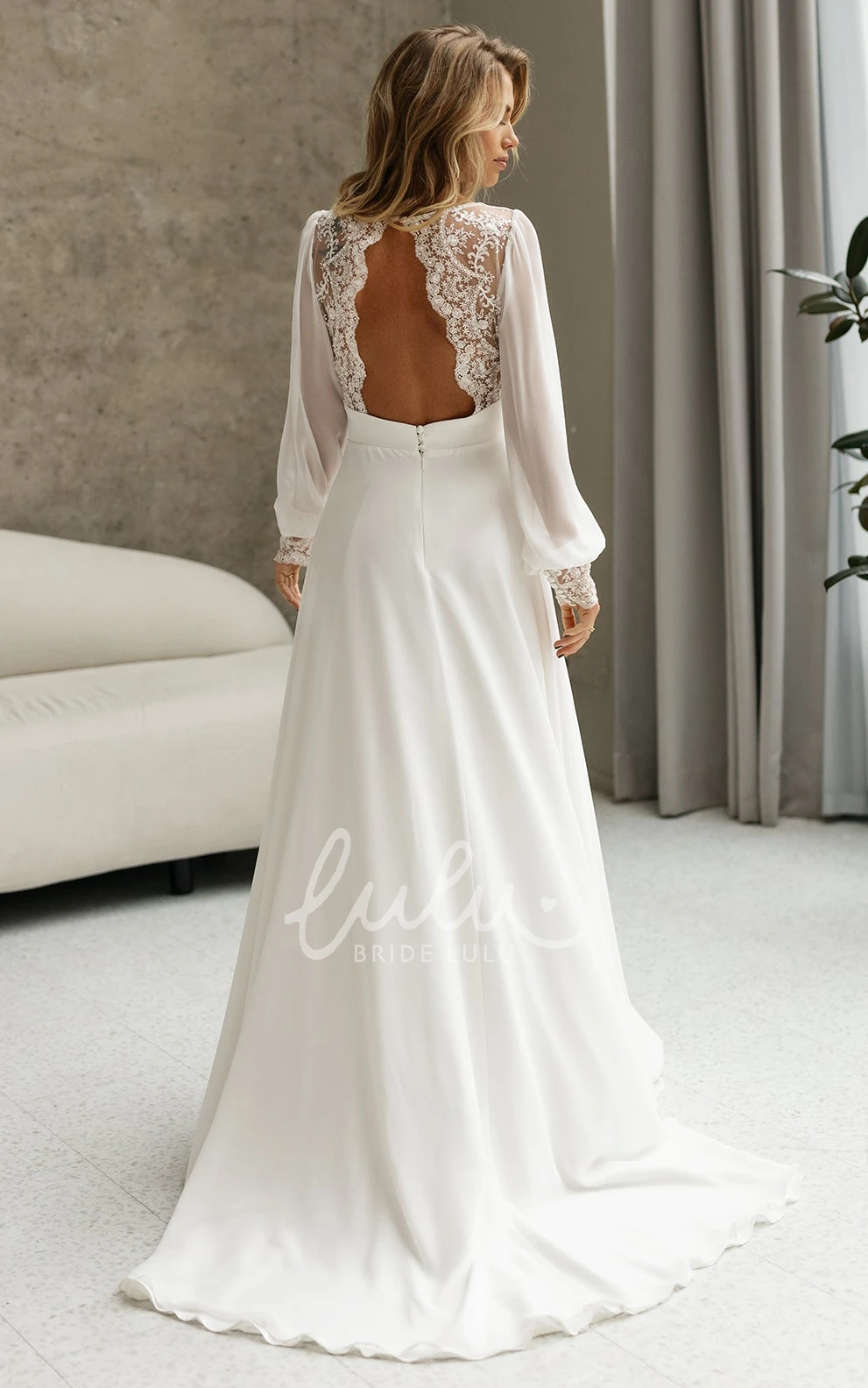 Modest Lace Chiffon A-Line Flowy Boho Wedding Dress with Sleeves Romantic Elegant Backless Sweep Train Bridal Gown