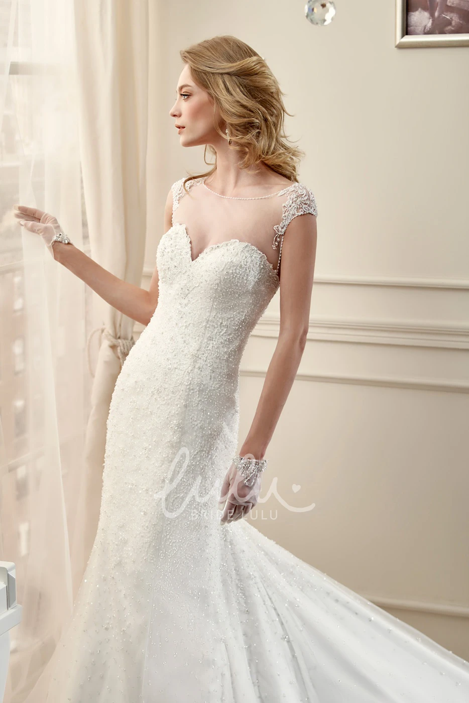 Long Lace Wedding Dress with Cap Sleeves Open Back and Court Train
