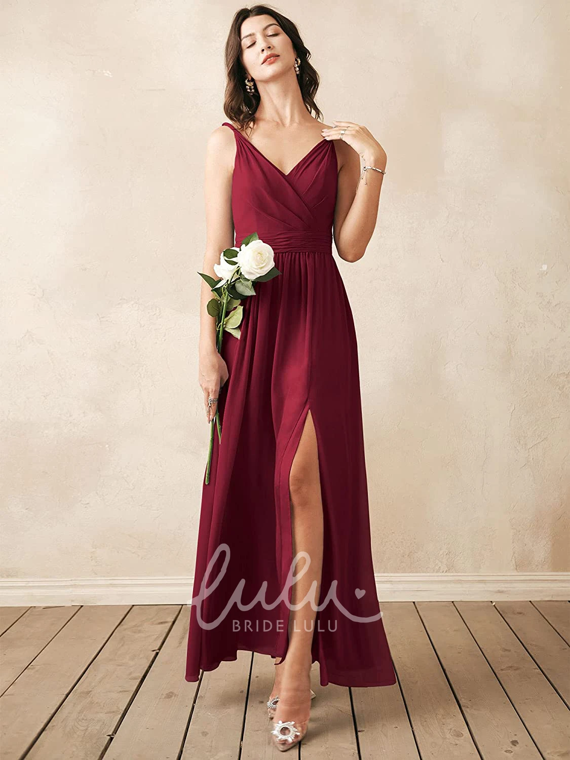 Sleeveless V-neck Chiffon A-line Bridesmaid Dress with Ruching Elegant