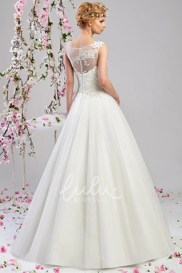 Maxi Scoop-Neck Tulle&Satin Spring Wedding Dress A-Line Sleeveless with Appliques