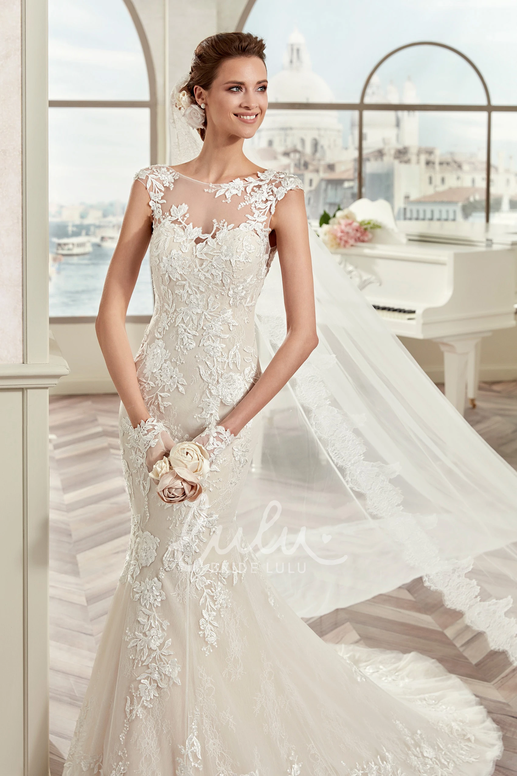 Cap Sleeve Mermaid Wedding Dress with Illusion Neckline and Open Back