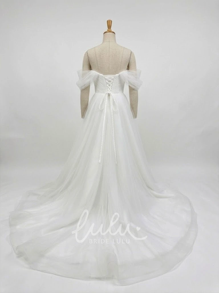 A-Line Off Shoulder Tulle Wedding Dress Romantic Sweetheart Princess Gown with Lace-up Back
