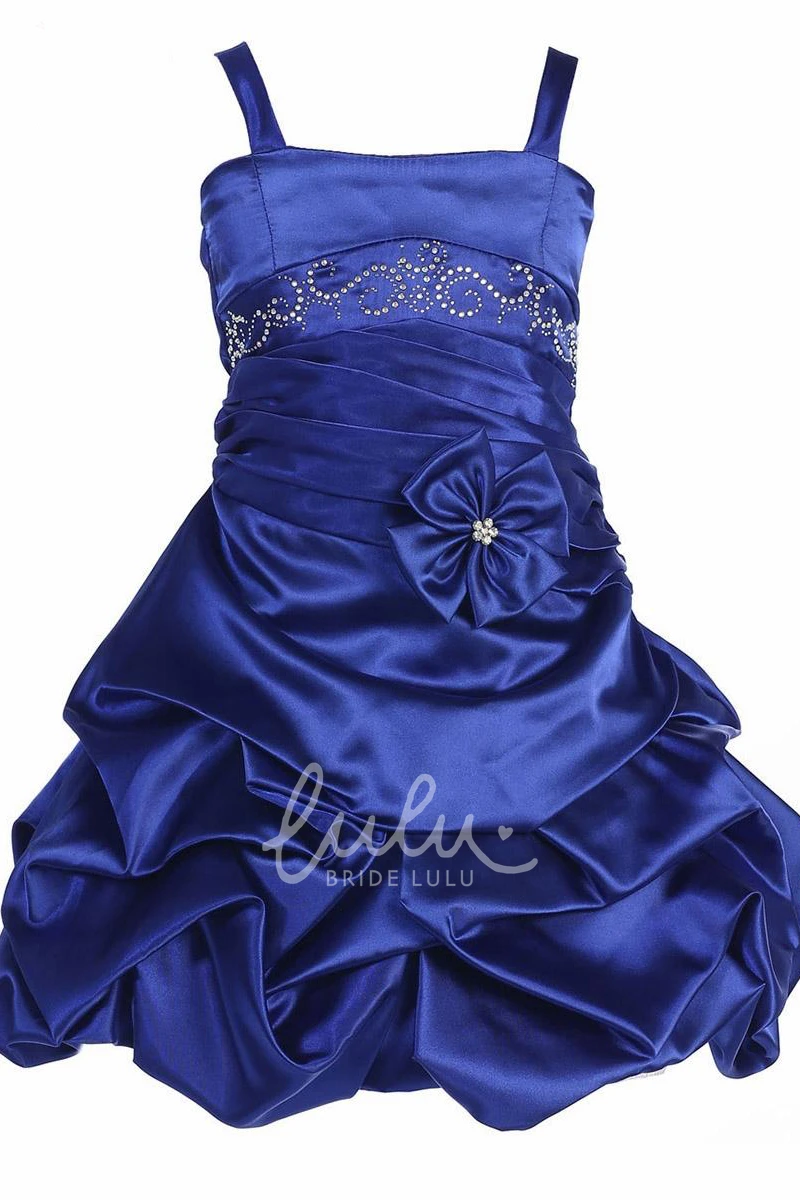 Satin Floral Knee-Length Flower Girl Dress with Beaded Tiers