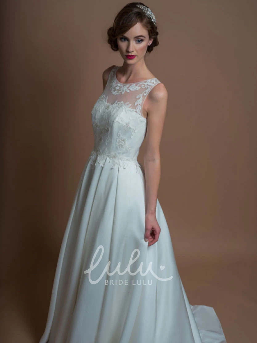 Satin A-Line Wedding Dress with Illusion Back and Brush Train